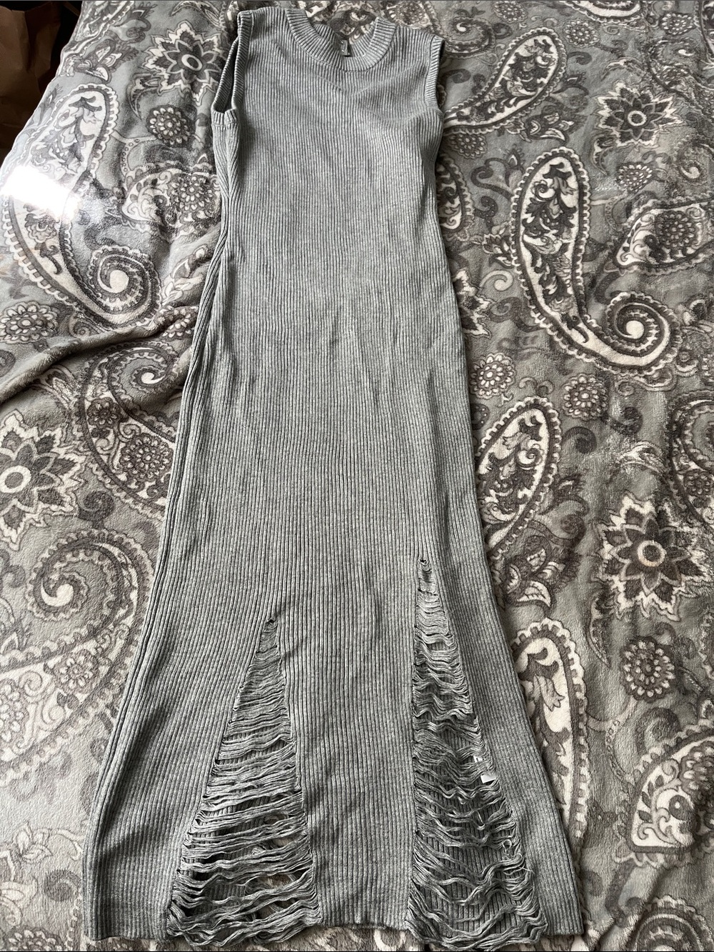 Say What? Gray Sleeveless Ribbed Maxi Dress with Distressed Front Slits